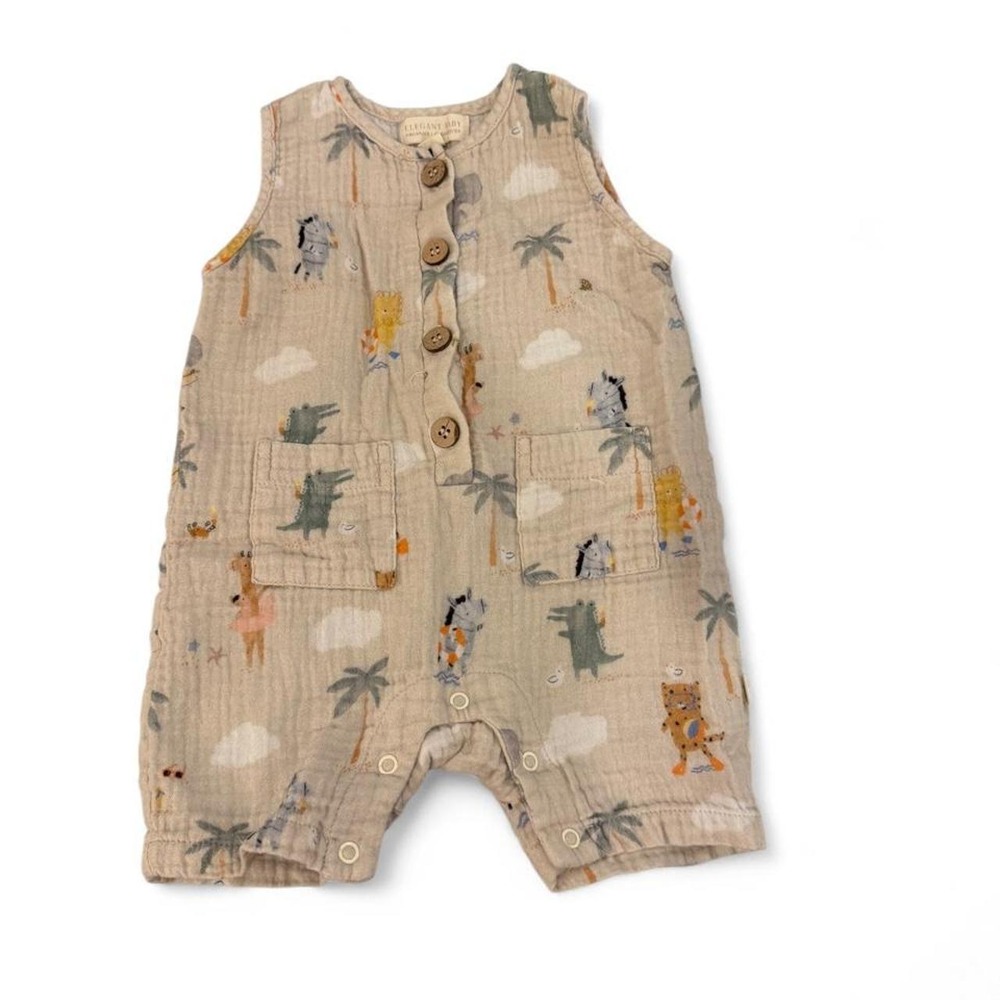 Elegant Baby Organiques Safari Animal Muslin Romper Tan 6-9M